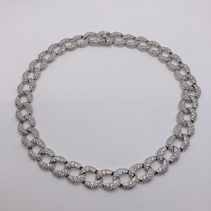 Iced Out CZ Silver Tone Cuban Link Statement Necklace Slide Clasp 17” L / .6” W